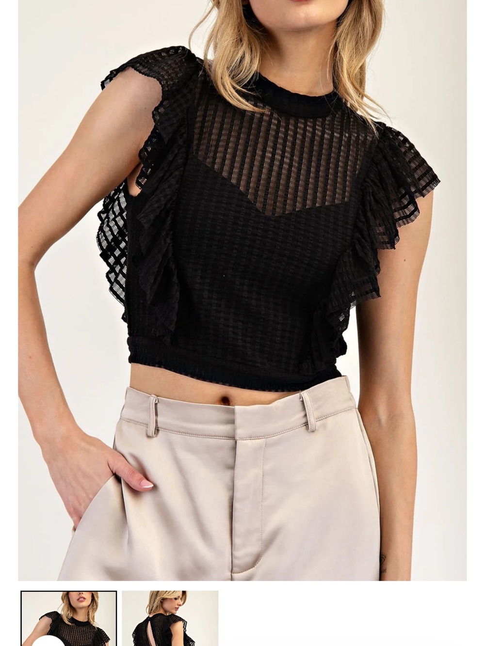 Maeve Black Sheer Ruffle Sleeve Crop Top
